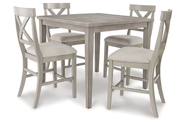 Bring a relaxed yet refined sense of good taste to a space with the casually cool Parellen dining set. Clean-lined frame sports a gray finish that’s so easy on the eyes. Topped by a durable melamine surface, the table’s an easy-living alternative to traditional wood tables. And with the look of reclaimed barn wood, this set is an inspired choice for modern farmhouse living.Includes counter height dining table and 4 counter height bar stools | Table made of engineered wood; tapered legs and gray finish | Tabletop made of melamine with a replicated barn wood effect | Stool made of wood in gray finish; light beige polyester upholstery; X-back design with tapered legs | Assembly required | Counter height  | Assembly required | Estimated Assembly Time: 135 Minutes