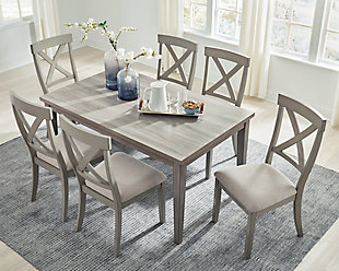 Bring a relaxed yet refined sense of good taste to a space with the casually cool Parellen dining set. Clean-lined frame sports a gray finish that’s so easy on the eyes. Topped by a durable melamine surface, the table’s an easy-living alternative to traditional wood tables. And with the look of reclaimed barn wood, this set is an inspired choice for modern farmhouse living.Includes table and 6 chairs | Table made of engineered wood in gray finish; tapered legs; seats up to 6 | Tabletop made of melamine with a replicated barn wood effect | Chair made of wood; light beige woven polyester upholstery and gray finish; X-back design with tapered legs | Assembly required  | Estimated Assembly Time: 105 Minutes