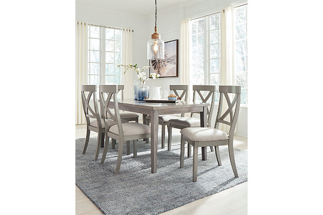 Bring a relaxed yet refined sense of good taste to a space with the casually cool Parellen dining set. Clean-lined frame sports a gray finish that’s so easy on the eyes. Topped by a durable melamine surface, the table’s an easy-living alternative to traditional wood tables. And with the look of reclaimed barn wood, this set is an inspired choice for modern farmhouse living.Includes table and 6 chairs | Table made of engineered wood in gray finish; tapered legs; seats up to 6 | Tabletop made of melamine with a replicated barn wood effect | Chair made of wood; light beige woven polyester upholstery and gray finish; X-back design with tapered legs | Assembly required  | Estimated Assembly Time: 105 Minutes
