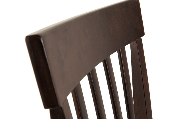 If contemporary tantalizes your taste buds, savor the beauty of this sleek upholstered dining room side chair. Rake back design complements an open and airy aesthetic. Dark and dramatic finish makes a bold, beautiful statement.Wood frame | Cushioned seat with vinyl upholstery | Assembly required | Excluded from promotional discounts and coupons | Estimated Assembly Time: 30 Minutes