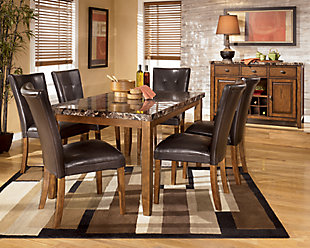 It's time to add an aura of richness and elegance to your dining room arrangement. That's where the Lacey dining room table comes in. Its chunky base design is paired with a thick faux marble top for the ultimate dining experience. Now your only worry is what to serve for dinner.Seats up to 6 | Assembly required | Made of veneers, wood and engineered wood; faux marble top with polyurethane finish | Dining chairs sold separately | Estimated Assembly Time: 15 Minutes