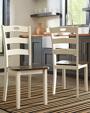 Turn your eat-in kitchen or dining space into a cottage-chic retreat with the Woodanville dining room side chair. Two-tone finish serves up a double helping of charm. Pierced ladderback design is equally sweet and sophisticated.Made of veneers, wood and engineered wood | Two-tone finish | Assembly required | Estimated Assembly Time: 30 Minutes