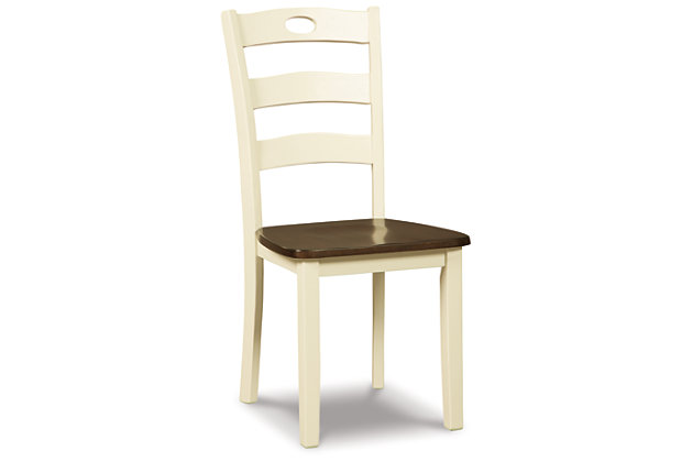 Turn your eat-in kitchen or dining space into a cottage-chic retreat with the Woodanville dining room side chair. Two-tone finish serves up a double helping of charm. Pierced ladderback design is equally sweet and sophisticated.Made of veneers, wood and engineered wood | Two-tone finish | Assembly required | Estimated Assembly Time: 30 Minutes