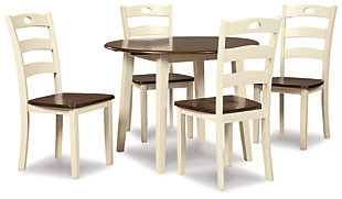 Turn your eat-in kitchen or dining space into a cottage-chic retreat with the Woodanville round dining table set. Two-tone finish serves up a double helping of charm. Chairs' pierced ladderback design is equally sweet and sophisticated.Includes drop leaf dining table and 4 dining chairs | Made of replicated veneers and engineered wood | Two-tone finish | Hinged drop leaves | Assembly required | Estimated Assembly Time: 135 Minutes