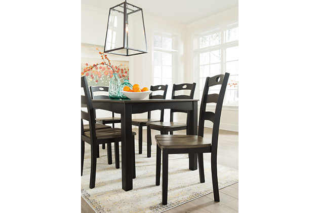 Neutral gray and black two-tone finish bring pizazz to this cottage style dining set. Clean lines and subtle curves in the chair backs make this simple set charming. The Froshburg sets the tone for your dining area, offering endless styling possibilities.Includes table and 6 chairs | Table made of veneer, wood and engineered wood | Wood frame chairs | Chairs have classic ladder-back design with oval detail | Two-tone finish | Assembly required | Estimated Assembly Time: 90 Minutes