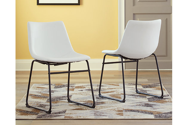 With its distinctive contoured bucket seat and tubular metal base, the Centiar dining chair serves up a fresh twist on mid-century inspired style. Contrasting white faux leather upholstery adds to the aesthetic. What a timeless look for eat-in kitchens and casually cool dining rooms.Tubular metal base | Bucket seat | White faux leather upholstery | Assembly required | Estimated Assembly Time: 15 Minutes