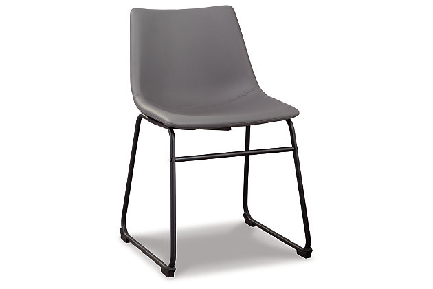 With its distinctive contoured bucket seat and tubular metal base, the Centiar dining chair serves up a fresh twist on mid-century inspired style. Chic gray faux leather upholstery adds to the aesthetic. What a timeless look for eat-in kitchens and casually cool dining rooms.Tubular metal base | Bucket seat | Gray faux leather upholstery | Assembly required | Estimated Assembly Time: 15 Minutes