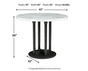 When nothing but the best will do, you’ll find the Centiar 42" round dining table checks all the boxes. Taking a stance for ultra-contemporary design, this modern version of the classic pedestal table features the look of authentic Carrara marble at a price that’s so easy to live with. Its frame raises the bar on clean-lined style.42" round pedestal dining table | Made of wood and engineered wood | Contemporary wood base with black finish | Replicated Carrara marble laminate with polyurethane finish | Assembly required | Estimated Assembly Time: 30 Minutes