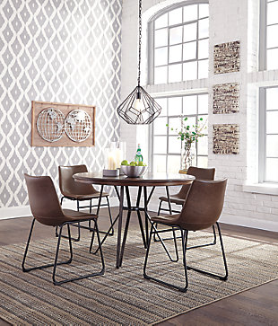 With its distinctive contoured bucket seat and tubular metal base, the Centiar dining chair serves up a fresh twist on mid-century inspired style. Faux leather upholstery has a charmingly vintage tone. What a timeless look for eat-in kitchens and casually cool dining rooms.Tubular metal base | Bucket seat | Faux leather upholstery | Assembly required | Excluded from promotional discounts and coupons | Estimated Assembly Time: 30 Minutes