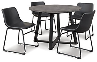 With its distinctive features, the striking Centiar dining set serves up a fresh twist on mid-century inspired style. Faux leather upholstery on the chair has a charmingly vintage tone. The table’s mixed material and two-tone aesthetic are beautifully in balance. Sporting a dramatic charcoal gray hue, the top is crafted of durable melamine, allowing it to weather years of family thrills and spills. What a timeless look for eat-in kitchens and casually cool dining rooms.Includes dining table and 4 chairs | Chair with tubular metal base with black finish; French black faux leather upholstery; bucket seat | Table made of wood; black finish on base; dark charcoal gray tabletop made of melamine with a replicated rough sawn wood effect | Melamine is heat and scratch resistant | Assembly required | Assembly required | Estimated Assembly Time: 150 Minutes