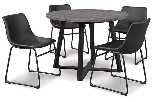 With its distinctive features, the striking Centiar dining set serves up a fresh twist on mid-century inspired style. Faux leather upholstery on the chair has a charmingly vintage tone. The table’s mixed material and two-tone aesthetic are beautifully in balance. Sporting a dramatic charcoal gray hue, the top is crafted of durable melamine, allowing it to weather years of family thrills and spills. What a timeless look for eat-in kitchens and casually cool dining rooms.Includes dining table and 4 chairs | Chair with tubular metal base with black finish; French black faux leather upholstery; bucket seat | Table made of wood; black finish on base; dark charcoal gray tabletop made of melamine with a replicated rough sawn wood effect | Melamine is heat and scratch resistant | Assembly required | Assembly required | Estimated Assembly Time: 150 Minutes