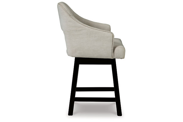 The Tallenger barstool invites you to take contemporary modern style for a spin. Comfortably cushioned seat, self-returning swivel and contoured back make it beautiy in tune with your needs. Luxurious woven upholstery is a sensational touch.Made of wood | Woven polyester upholstery | Foam cushioned seat and back | Swivel seat with self-return feature | Footrest for added support | Assembly required | Estimated Assembly Time: 30 Minutes