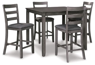 It’s so easy being gray—at least the Bridson 5-piece dining set makes it seem that way. This transitional counter-height table and barstool ensemble sports a charcoal gray finish with textured gray upholstery for an on-trend and relevant appeal. Plushly upholstered seat cushion in a practical polyfiber makes it a pleasure to linger at the table. Best of all, square table design is ideally suited for small spaces.Includes counter height table and 4 barstools | Made of wood, veneer and engineered wood | Medium charcoal gray finish | Ladderback barstools | Cushioned seats covered in textured gray polyester upholstery | Table with tapered leg design | Assembly required | Estimated Assembly Time: 90 Minutes