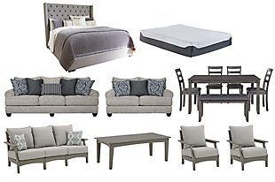 Master the art of monochrome. Add on-trend style to every room with the transitional gray hues of this home furniture package. The dining set brings sleek versatility to mealtime with its charcoal finish and textured upholstery. With additional eye-catching texture, the sofa and loveseat have a sense of everyday ease. Moving alfresco, the outdoor pieces combine the exceptional durability and weather resistance you need with the “wood look” you love. Rounding out the set, a queen upholstered bed with button tufting is paired with a 12-inch queen memory foam mattress that provides cradling comfort and temperature regulation. What a way to bring your space into perfect harmony—without breaking the bank.Includes: dining table with bench and 4 dining chairs, outdoor coffee table, outdoor sofa with cushion, 2 outdoor lounge chairs with cushions, queen upholstered bed (upholstered headboard and footboard with rails), queen memory foam mattress, sofa, loveseat | Dining table and chairs: bench made of wood, veneer and engineered wood; medium charcoal gray finish; ladderback chairs with cushioned seats covered in textured gray polyester upholstery; tapered table leg design | Outdoor lounge chair, sofa and coffee table: made of HDPE material; gray finish with textured wood look; slatted tabletop | Outdoor sofa and lounge chair: seat/back cushions covered in solution-dyed Nuvella® (polyester) high-performance fabric; all-weather foam cushion core wrapped in soft polyester; throw pillows included; imported fabric and fill | Clean Nuvella® fabric with mild soap and water, let air dry; for stubborn stains, use a solution of 1 cup bleach to 1 gallon water | Sofa and loveseat: corner-blocked frame; reversible cushions; high-resiliency foam cushions wrapped in thick poly fiber; polyester upholstery; toss pillows with soft polyfill; exposed feet with faux wood finish | Platform foundation system resists sagging 3x better than spring system after 20,000 testing cycles by providing more even support | Smooth platform foundation maintains tight, wrinkle-free look without dips or sags that can occur over time with sinuous spring foundations | Bed: engineered wood frame; polyester/cotton upholstery; tufted headboard; foundation/box spring required, sold separately | Mattress comfort level: plush; memory and firm support foam; infused with charcoal and green tea extract for a refreshing and invigorating sleep experience; micro cool cover and dual ventilation technology; adjustable base compatible | Note: purchasing mattress and foundation from two different brands may void warranty, see warranty for details; 10-year non-prorated warranty; state recycling fee may apply; mattress ships in a box, please allow 48 hours for your mattress to fully expand after opening; foundation/box spring required, sold separately | Assembly required | Estimated Assembly Time: 215 Minutes