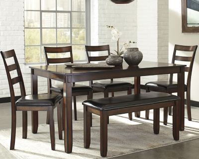 Coviar Dining Table and Chairs with Bench (Set of 6), Brown, large