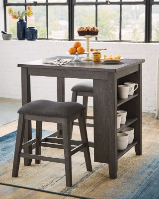 Caitbrook Counter Height Dining Table and 2 Bar Stools Set, Gray, Fabric/Wood