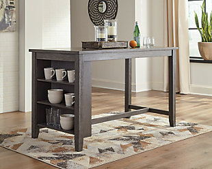 Perfect portion. Striking a simply chic pose, the Caitbrook dining room counter height table serves up high style on a smaller scale. Its antiqued gray wash finish gives the clean-lined design a casually cool sensibility. Side shelves cleverly balance form and function.Made of veneers, wood and engineered wood | 2 adjustable shelves | Seats 4 | Assembly required | Estimated Assembly Time: 45 Minutes