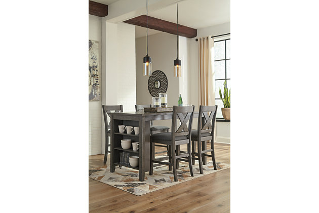 Bring a relaxed yet refined sense of good taste to a space with the Caitbrook bar stool. Clean-lined frame sports a gray-washed finish that’s so easy on the eyes. Covered in a complementary textured gray fabric, the stool’s cushioned upholstered seat goes easy on the body. And with classic X-back styling, this bar stool is an inspired choice for modern farmhouse living.Made with solid acacia wood | Antiqued gray wash finish | Polyester upholstery over foam cushioned seat | Nailhead trim | Assembly required | Estimated Assembly Time: 30 Minutes
