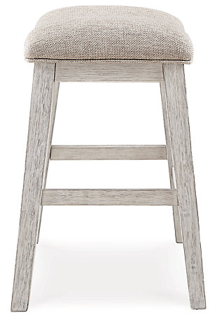 The Skempton upholstered stool invites you to raise the bar on small space living. An inspired choice for coastal chic or modern farmhouse settings, this comfortably cushioned stool sports a grayish white finish with rub-through effect for timeworn appeal.Made of wood | Distressed grayish white finish | Polyester upholstery over foam cushion | Assembly required | Estimated Assembly Time: 30 Minutes