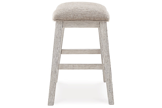 The Skempton upholstered stool invites you to raise the bar on small space living. An inspired choice for coastal chic or modern farmhouse settings, this comfortably cushioned stool sports a grayish white finish with rub-through effect for timeworn appeal.Made of wood | Distressed grayish white finish | Polyester upholstery over foam cushion | Assembly required | Estimated Assembly Time: 30 Minutes
