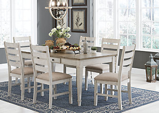 Set the scene for coastal chic or modern farmhouse living with the Skempton dining room table. Clean-lined, simply striking table doubles the charm with a brown tone top with plank effect, paired with a grayish white base with rub through effect for timeworn appeal. Multi-functional dining table features two convenient side drawers and a storage bin on each end for maximum use of space. Styled to comfortably seat six, this table makes room for one and all.Made of wood, acacia veneer and engineered wood | Two-tone finish (brown tone top and distressed grayish white base) | 2 smooth-gliding drawers and 2 lift-top storage bins | Seats up to 6 | Assembly required | Estimated Assembly Time: 30 Minutes