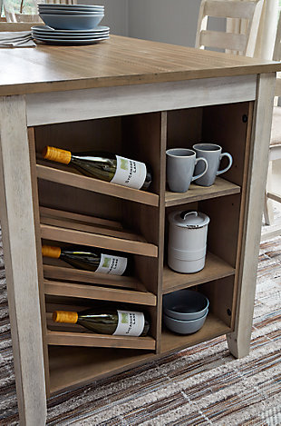 The Skempton counter height table with storage invites you to raise the bar on small space living. An inspired choice for coastal chic or modern farmhouse settings, this clean-lined, simply striking table doubles the charm with a brown tone top with plank effect, paired with a grayish white base with rub through effect for timeworn appeal. Built-in 8-bottle wine rack and pair of open shelves make the most of every inch of space.Made of solid wood, engineered wood and acacia veneers | Two-tone finish | 2 shelves | 8-bottle wine rack | Seats up to 4 | Assembly required | Estimated Assembly Time: 30 Minutes