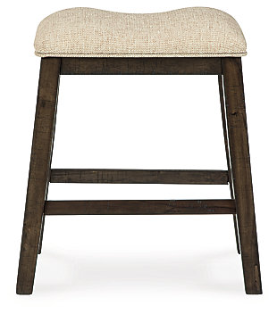 Love a modern farmhouse sensibility? Saddle up with the Rokane upholstered stool. Its sturdy wood frame with rough sawn texture is topped with a sumptuous saddle seat covered in a light brown textured fabric for a relaxed look and feel.Made of wood | Rough sawn texture with warm brown finish | Light brown textured polyester upholstery over foam cushioned seat | Assembly required | Estimated Assembly Time: 30 Minutes