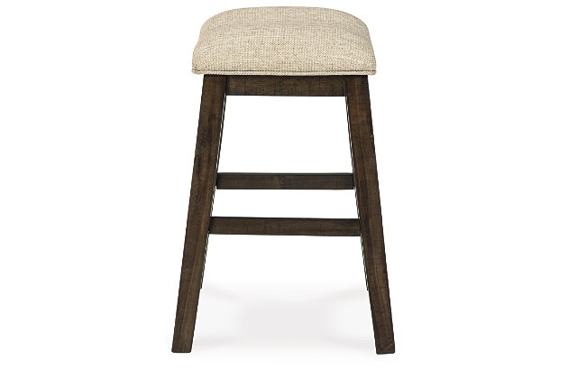 Love a modern farmhouse sensibility? Saddle up with the Rokane upholstered stool. Its sturdy wood frame with rough sawn texture is topped with a sumptuous saddle seat covered in a light brown textured fabric for a relaxed look and feel.Made of wood | Rough sawn texture with warm brown finish | Light brown textured polyester upholstery over foam cushioned seat | Assembly required | Estimated Assembly Time: 30 Minutes