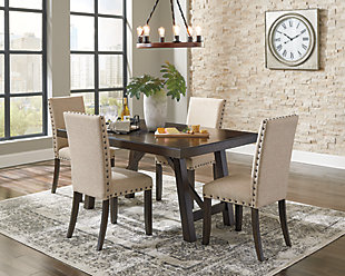 Make gatherings memorable with an ever-trendy farmhouse table. The Rokane dining table keeps things cozy with its rough-sawn plank texturing and warm brown finish. Punctuated with a crossbuck trestle base and extension leaf to accommodate more guests, this urban farmhouse piece is sure to impress come mealtime.Made of solid wood and acacia veneers | Warm brown finish | Seats up to 8 | Separate extension leaf | Table extends by pulling both ends and dropping in the leaf | Assembly required | Estimated Assembly Time: 30 Minutes