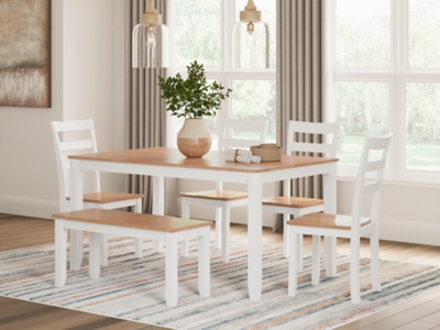 Gesthaven Dining Table with 4 Chairs and Bench (Set of 6), Natural/White