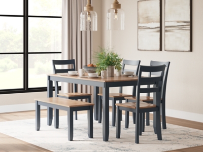 Gesthaven Dining Table with 4 Chairs and Bench (Set of 6), Natural/Blue