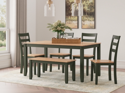 Gesthaven Dining Table with 4 Chairs and Bench (Set of 6), Natural/Green