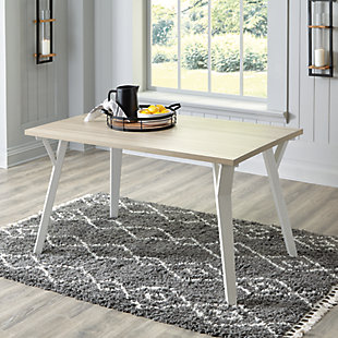 Bring light to your dining area with clean lines and a bright two-tone finish. The Grannen rectangular dining table sports stylized saber legs in a white finish for beautiful simplicity. The melamine top in a light tan color provides additional durability, marrying minimalism with big style for a delightful combination. Made with solid wood | Melamine top with replicated exotic wood grain in light tan, natural wood coloration | Base with white finish | Saber legs | Assembly required | Estimated Assembly Time: 30 Minutes