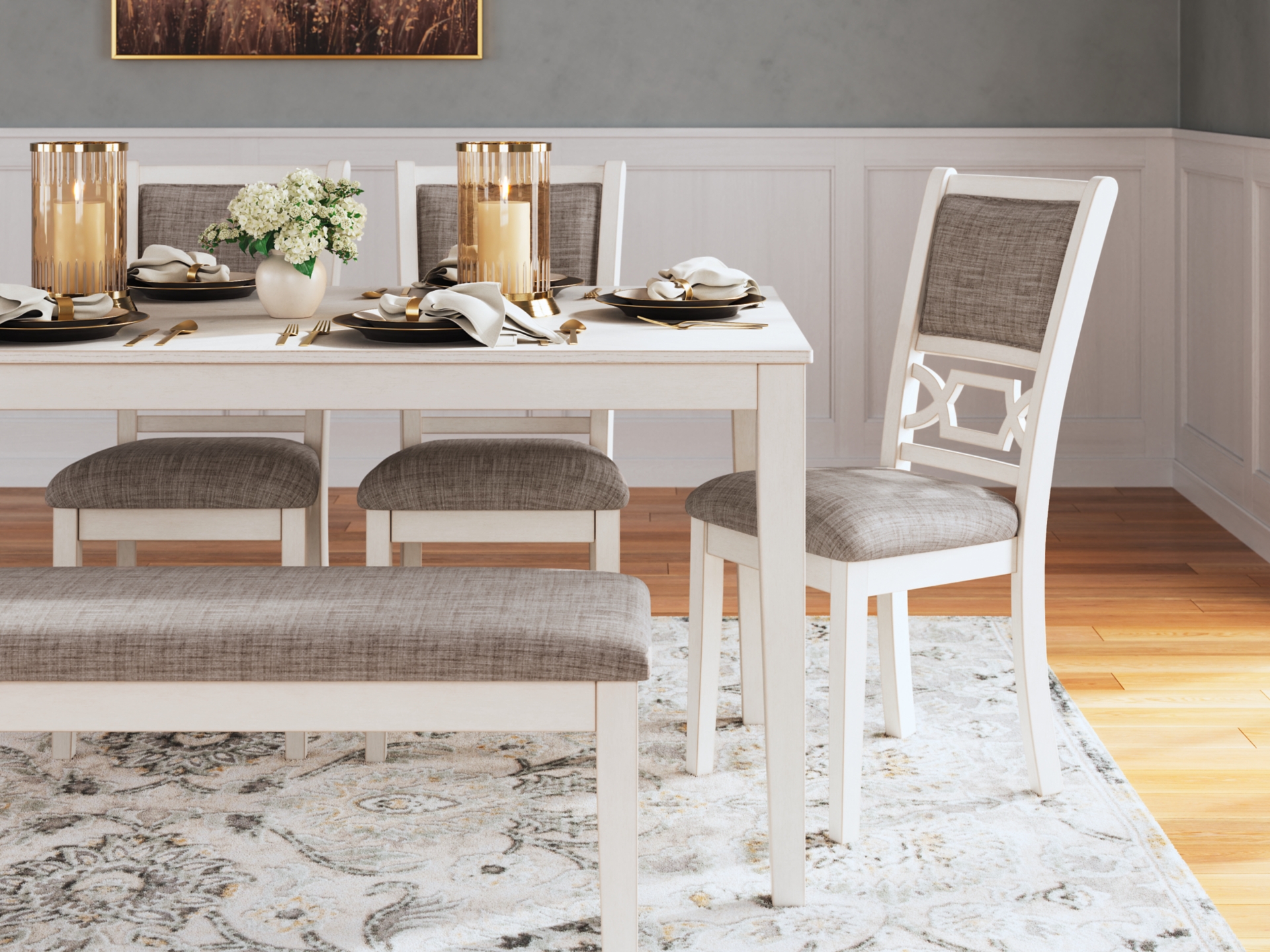 Image 1 of Erinberg Dining Table and 4 Chairs and Bench Antique White 