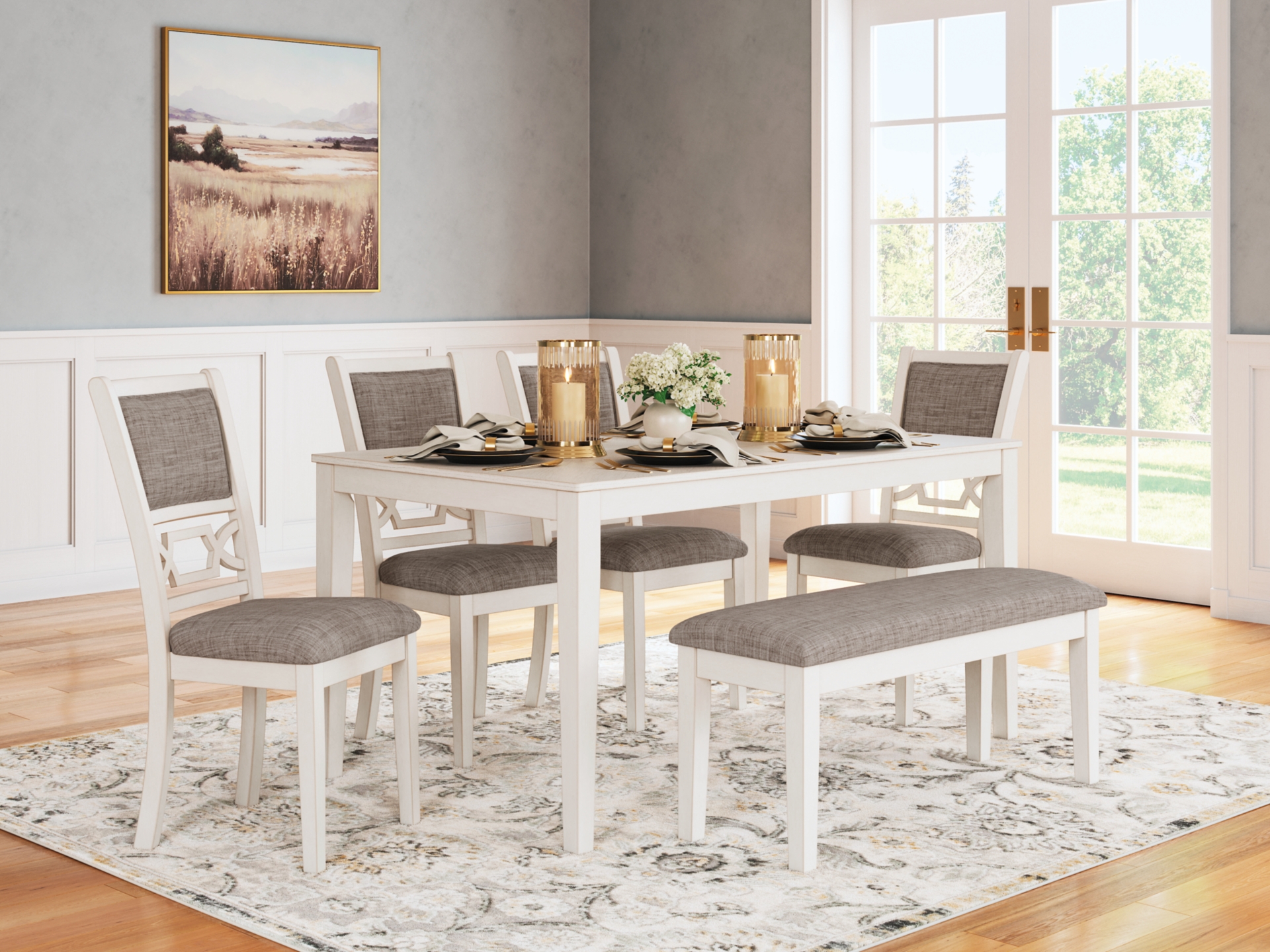 Erinberg Dining Table and 4 Chairs and Bench Antique White 