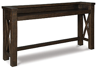 Modern farmhouse design has come a long way. Case in point, the Hallishaw counter height console table. Not just for the dining room, this uniquely styled table is equally handy behind a sofa or hanging out next to a wall ready to serve all your entertaining needs. Its sturdy profile and rough-hewn texture add a rustic element that easily fits, whether your aesthetic is vintage, country or eclectic.Made of pine wood, pine veneer and engineered wood | Dark brown finish | Counter height table with X-frame styling | Gallery rim on 3 sides | Assembly required | Estimated Assembly Time: 45 Minutes