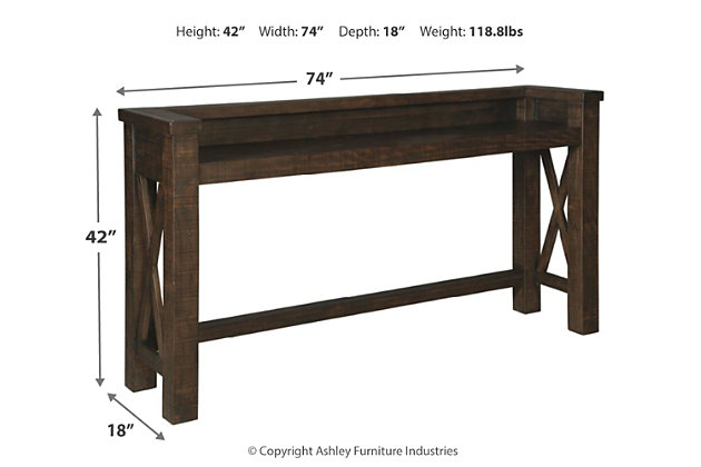 Modern farmhouse design has come a long way. Case in point, the Hallishaw counter height console table. Not just for the dining room, this uniquely styled table is equally handy behind a sofa or hanging out next to a wall ready to serve all your entertaining needs. Its sturdy profile and rough-hewn texture add a rustic element that easily fits, whether your aesthetic is vintage, country or eclectic.Made of pine wood, pine veneer and engineered wood | Dark brown finish | Counter height table with X-frame styling | Gallery rim on 3 sides | Assembly required | Estimated Assembly Time: 45 Minutes
