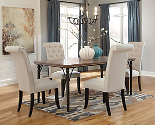 Tripton arrives at the table with the full scale comfort of a favorite living room chair. Classic tufting dresses up the high, beautifully curved back. Both seat and back are firmly cushioned and covered in a textured upholstery.Firm, yet comfortable cushioned seat and back | Seat and back covered in polyester upholstery | Wood frame | Assembly required | Slightly curved legs in an aged finish | Excluded from promotional discounts and coupons | Estimated Assembly Time: 30 Minutes