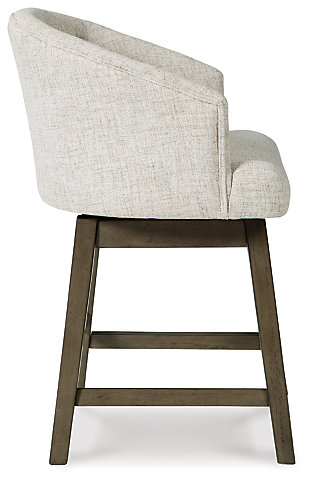 Tripton bar stool arrives at the table with full scale comfort. Classic tufting dresses up the beautifully curved back. Adding to the allure, textured upholstery and 180-degree swivel are the very definition of elegance.Seat and back covered in textured polyester upholstery | Wood frame | Footrest with metal cap for protection | 180-degree swivel; self-returning action | Assembly required | Estimated Assembly Time: 45 Minutes