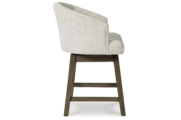 Tripton bar stool arrives at the table with full scale comfort. Classic tufting dresses up the beautifully curved back. Adding to the allure, textured upholstery and 180-degree swivel are the very definition of elegance.Seat and back covered in textured polyester upholstery | Wood frame | Footrest with metal cap for protection | 180-degree swivel; self-returning action | Assembly required | Estimated Assembly Time: 45 Minutes