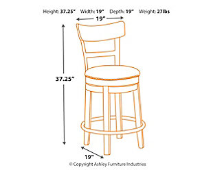 Pinnadel counter height bar stool serves a sense of refinement without all the formality. A 360-degree spin element keeps you in the flow of conversation, while faux leather upholstered seating incorporates comfort and easy cleanup. The frame’s signature finish with a wire-brushed effect and gray undertones exudes an easy, relaxed sensibility.Assembly required | Comfortable footrest | Made of wood, engineered wood and metal | 360-degree swivel | Counter height design | Faux leather upholstery with nailhead trim | Gray undertones enhance finish | Excluded from promotional discounts and coupons | Estimated Assembly Time: 30 Minutes