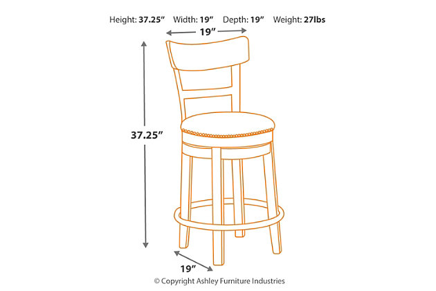 Pinnadel counter height bar stool serves a sense of refinement without all the formality. A 360-degree spin element keeps you in the flow of conversation, while faux leather upholstered seating incorporates comfort and easy cleanup. The frame’s signature finish with a wire-brushed effect and gray undertones exudes an easy, relaxed sensibility.Assembly required | Comfortable footrest | Made of wood, engineered wood and metal | 360-degree swivel | Counter height design | Faux leather upholstery with nailhead trim | Gray undertones enhance finish | Excluded from promotional discounts and coupons | Estimated Assembly Time: 30 Minutes