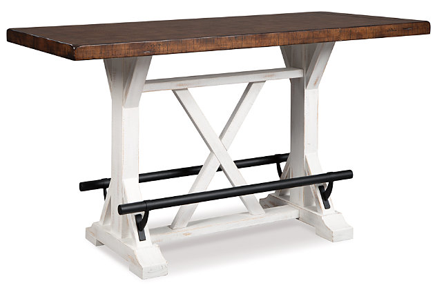 A high-style choice for smaller spaces, the Valebeck counter height dining table serves up the best in rustic farmhouse living. Two-tone finish pairs a brown tabletop with a distressed vintage white base for a double helping of charm. Black metal foot rests add such a distinctive twist.Made of pine wood, veneers and engineered wood | Two-tone finish | Black metal footrest | Assembly required | Estimated Assembly Time: 30 Minutes