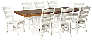 The Valebeck 9-piece dining set serves up the best in rustic farmhouse living. Two-tone distressed finish pairs a brown tabletop with vintage white base for a double helping of charm. Extension dining table features an extra thick edge with book matched inlay veneer. Eight distressed white ladderback chairs upholstered with cushioned seats wrapped in a soothing gray linen colored textural fabric with nailhead trim are something to savor.Includes dining table and 8 chairs | Table made of pine wood, veneer and engineered wood | Table with two-tone finish and black metal accents | Table extends by pulling both ends and dropping in leaf | Table seats up to 8 fully extended | Chairs made of wood | Chairs with distressed vintage white finish | Chairs with cushioned seats in linen colored polyester upholstery | Chairs with nailhead trim | Assembly required | Estimated Assembly Time: 285 Minutes