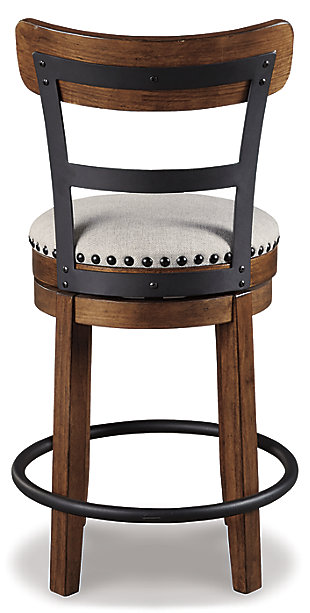 A touch of rustic-industrial style is such a fashion-forward choice, and the Valebeck barstool doesn’t disappoint. Set this barstool by the kitchen bar for a visually intriguing mix of new and old.Made of black finished metal; wood and engineered wood | Cushioned seat with linen colored polyester upholstery | Smooth 360-degree swivel | Nailhead trim detail | Assembly required | Estimated Assembly Time: 15 Minutes