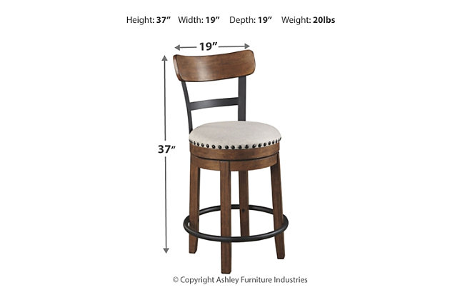 A touch of rustic-industrial style is such a fashion-forward choice, and the Valebeck barstool doesn’t disappoint. Set this barstool by the kitchen bar for a visually intriguing mix of new and old.Made of black finished metal; wood and engineered wood | Cushioned seat with linen colored polyester upholstery | Smooth 360-degree swivel | Nailhead trim detail | Assembly required | Estimated Assembly Time: 15 Minutes