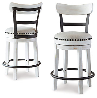 A touch of rustic-industrial style is such a fashion-forward choice, and the Valebeck barstool doesn’t disappoint. Set this tall barstool by the kitchen bar for a visually intriguing mix of new and old.Made of black finished metal; wood and engineered wood | Vintage white finish | Cushioned seat with linen colored polyester upholstery | Smooth 360-degree swivel | Nailhead trim detail | Assembly required | Estimated Assembly Time: 15 Minutes