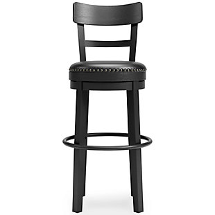 Bring a dash of drama to a kitchen island, table or counter with the Valebeck upholstered swivel bar stool. The sturdy wood frame with contoured backrest is beautified with an antiqued black finish that’s a welcome change from the everyday ordinary. For your comfort and convenience, the bar stool seat is covered in a durable black faux leather designed for easy cleanup. Nailhead trim and metal accents perfect the aesthetic of this head-turning bar stool with 360-degree swivel.Made with solid wood | Antiqued black finish | Durable black faux leather over foam cushioned seat | Smooth 360-degree swivel | Nailhead trim | Beautifully accommodates modern farmhouse and contemporary spaces | Assembly required | Estimated Assembly Time: 15 Minutes