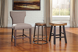 Saddle up and prepare to feast in total comfort and style. Glosco counter height saddle stool's deeply scooped seat offers ample support through multiple courses (or rounds of drink). Contrasting finishes elevate the classic shape, creating a look that keeps you coming back for seconds.Made of wood | Distressed finish | Comfortable footrest | Counter height | Assembly required | Excluded from promotional discounts and coupons | Estimated Assembly Time: 30 Minutes