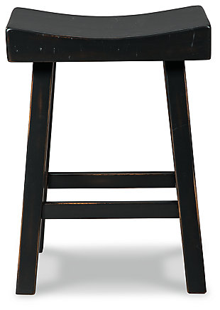 Saddle up and prepare to feast in total comfort and style. The Glosco counter height saddle stool's deeply scooped seat offers ample support through multiple courses (or rounds of drink). Contrasting finishes elevate the classic shape, creating a look that keeps you coming back for seconds.Made of wood | Antiqued black finish | Saw kerf distressing | Comfortable footrest | Counter height | Assembly required | Estimated Assembly Time: 30 Minutes